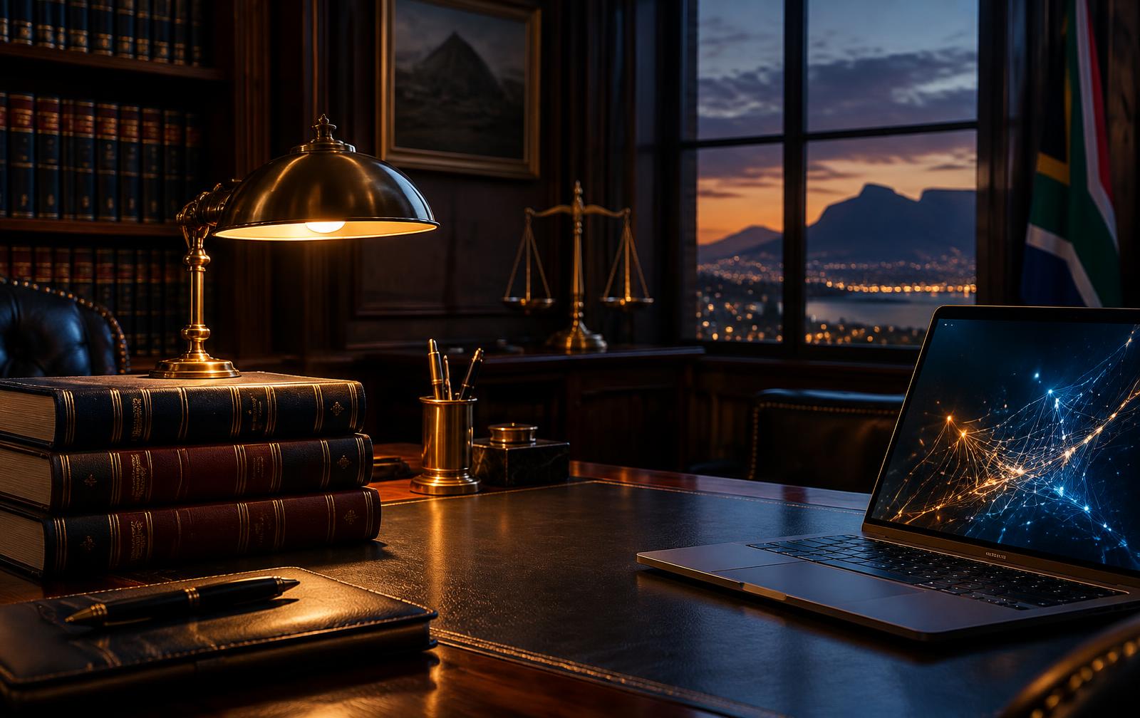 A lawyer's desk at dusk with law reports, scales of justice and a laptop
